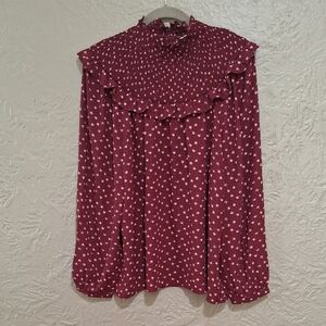 LOFT Wome's Maroon Floral Ruffle Blouse Size M
